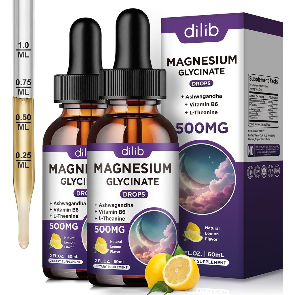 Magnesium-Glycinat-Ergänzung, Magnesium-Flüssigtropfen mit Magnesium-Glycinat 500mg Vitamin B6, Ashwagandha, L - Theanin, Kamille -Support Stress Relief, Knochen, Muskel, Mood Vegan (Pack von 2)