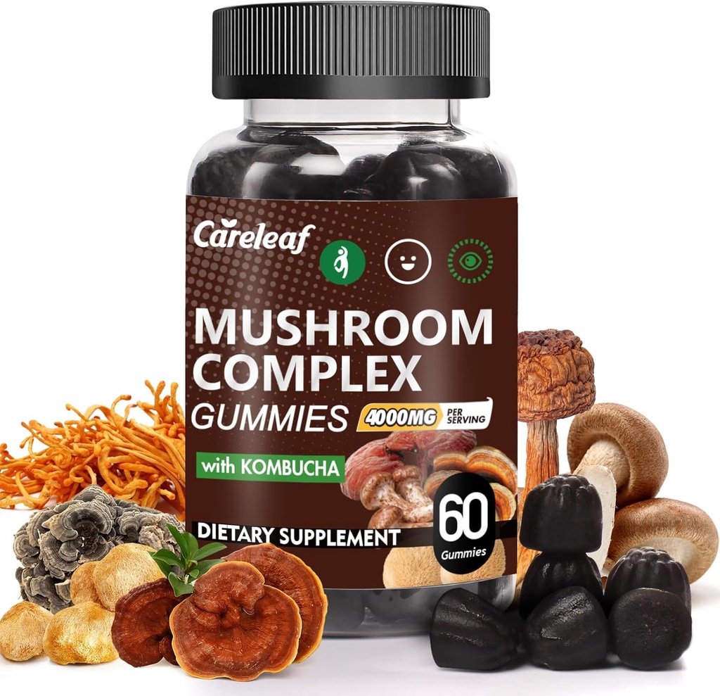 9 in 1 Pilzgummis mit Lion's Mane für Fokus-Ergänzung und Energie-Ergänzungen zur Unterstützung Immunsystem De-Stress Boost Mood & Energy 60 Count Kombucha Flavor