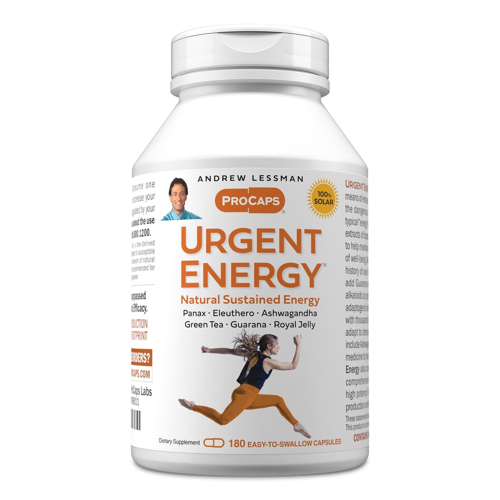 ANDREW LESSMAN Urgent Energy 180 Capsules - Bietet ein sicheres, gesundes Mittel zur Steigerung von Energieniveaus und Gefühle von Wohlbefinden, Grüner Tee, Guarana, Ginseng, Royal Jelly, Ashwagandha, B-Komplex