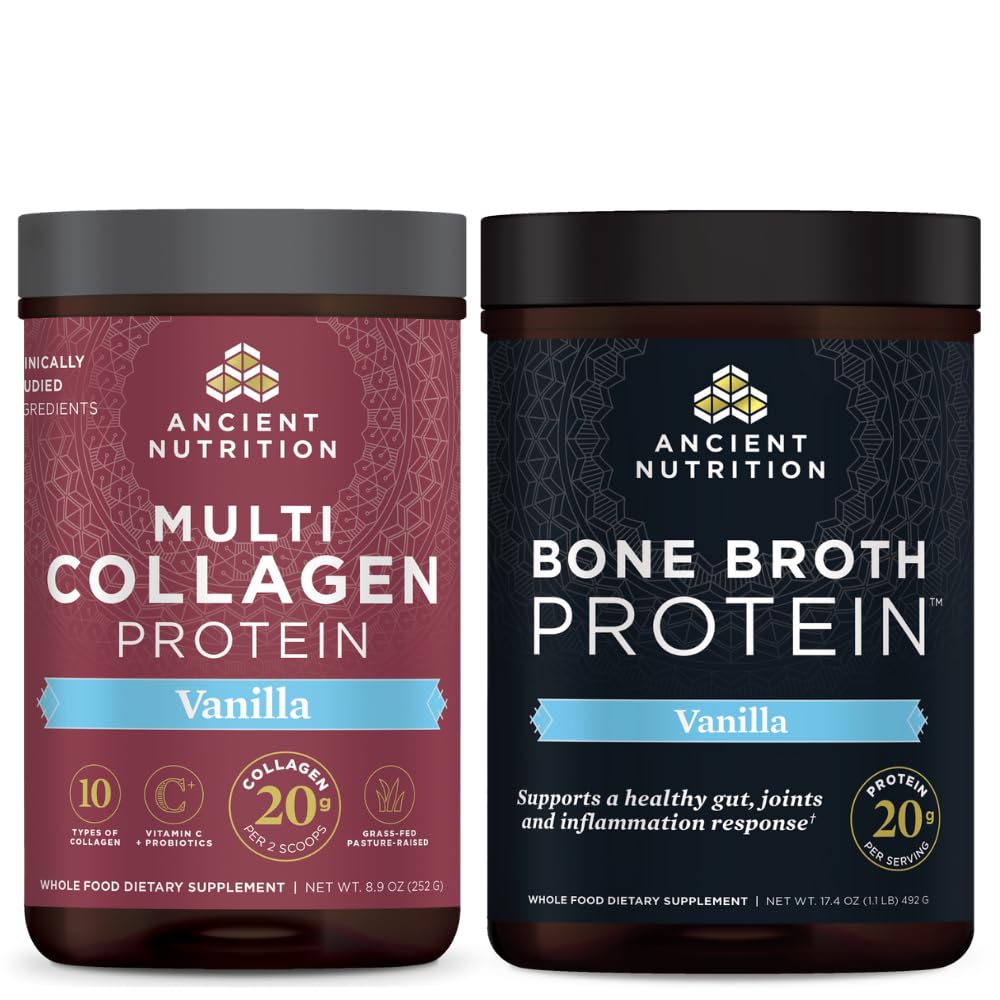 Antike Ernährung Multi Collagen Protein Pulver, Vanille, 24 Servierungen + Knochen Broth Protein Pulver, Vanille, 20 Servierungen
