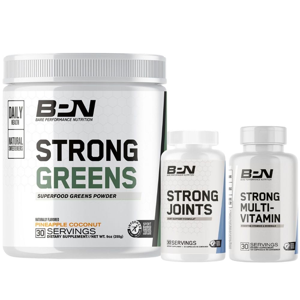 BARE PERFORMANCE NUTRITION BPN Strong Greens Superfood Powder, Strong Joints & Strong Multi-Vitamin Bundle