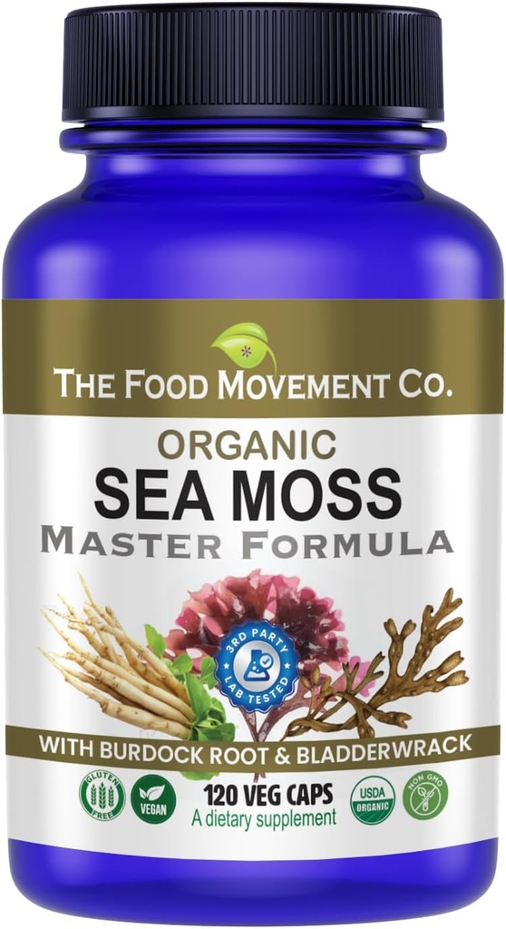THE FOOD MOVEMENT CO. Sea Moss Master Formel mit Burdock Root & Bladderwrack für Gut Gesundheit | Organic Vegan Ergänzung für Frauen & Männer | Irish Sea Moss Blend für Optimal Well-Being (120)