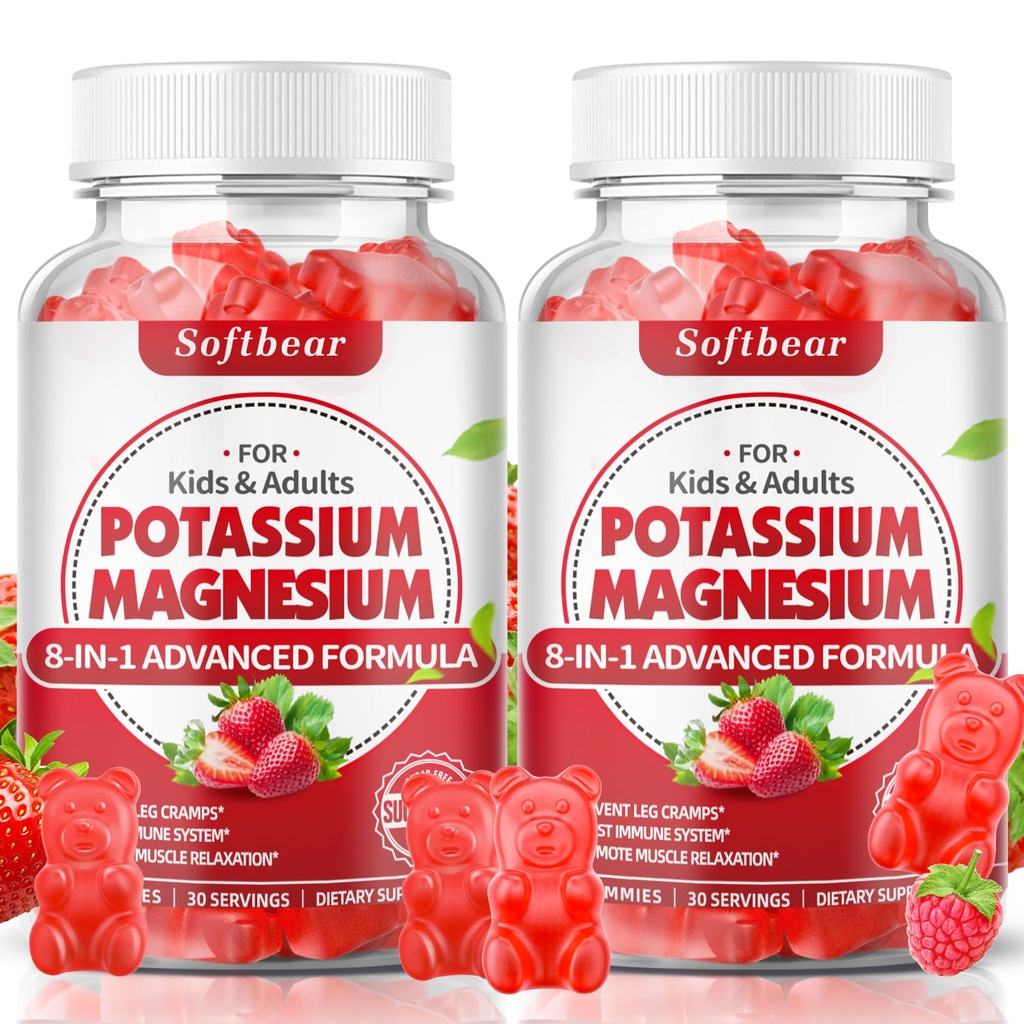 Softbear Kalium Gummi für Erwachsene, Hohe Absorption Magnesium Kaliumergänzung mit Vitamin B6 für Leg Cramps & Muskel Gesundheit Zuckerfreie Vegan Erdbeere 120 Gummis