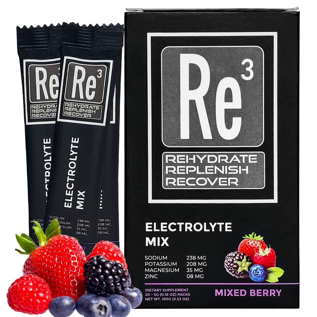 Re3 - Rehydrat - Replenish - Recover Elektrolyt-Pulver-Packets. Kein Zucker, 7 Cal, 1.4 Carbs. Die beste Mischung aus Vitaminen und Mineralstoffen (Mixed Berry)