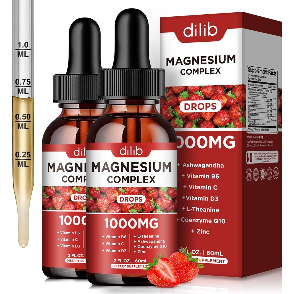 Triple Magnesium Complex Supplement, Magnesium Glycinat, Mischung, Citrat Flüssigkeitstropfen 1000mg mit Ashwagandha, CoQ10, Vitamin B6, C, D, Zink -Unterstützung Calm Stress Relief, Knochen, Muskel, Mood 2 Pack