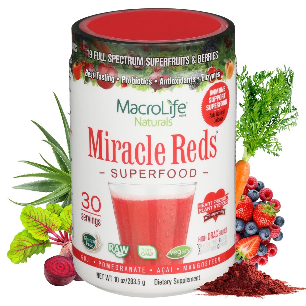 MacroLife Naturals Miracle Reds Superfood Supplement Pulver Antioxidantien Polyphenole Enzyme Probiotics - Raw Non-GMO Organic Vegan Gluten & Dairy Free (30 Portionen)