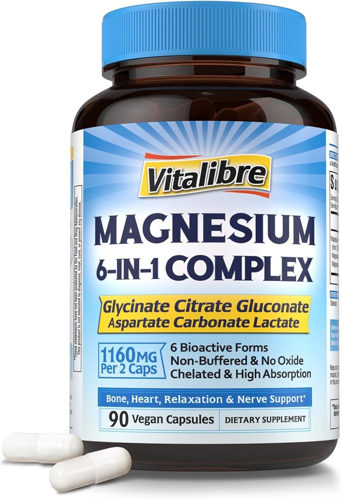 Magnesium Complex Supplement 6 in 1, 1160mg Chelat Magnesium für maximale Absorption, Hilfe bei besserem Schlaf, Entspannung & Nerve Calm, 90 Vegan Kapseln, Non GMO & Gluten Kostenlos