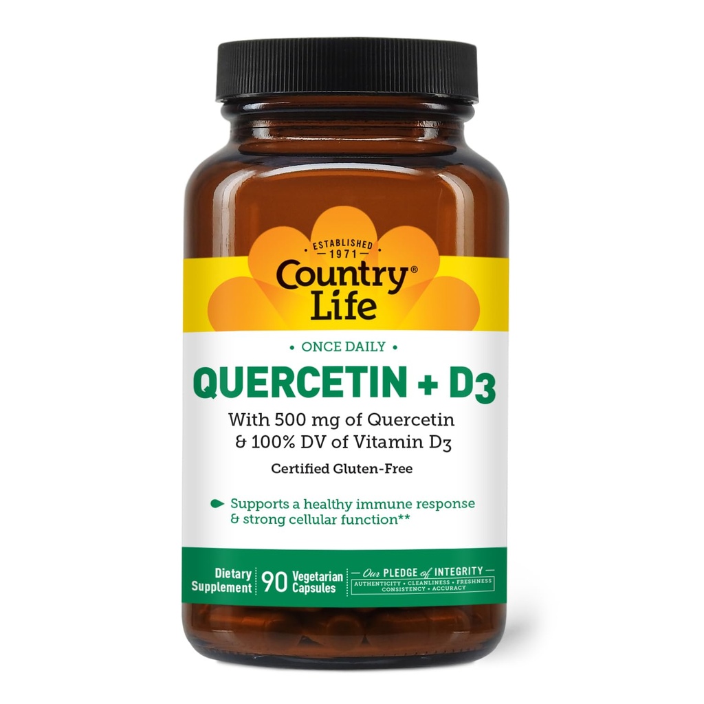 Country Life Quercetin 500mg Kapseln mit Vitamin D3 800 IU – Immununterstützungsergänzung für Erwachsene – Tägliche Immunverstärker – Quercetin Immunsystem Boost, 90 Kapseln