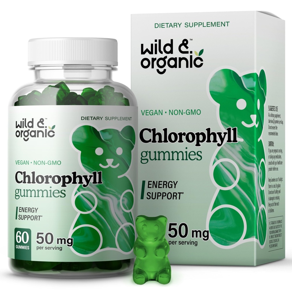 Wild & Organic Chlorophyll Gummies 50mg - Detox Cleanse Supplements w/Sodium Copper Chlorophyllin - Internal Deodorant w/Chlorophyll Powder - Vegan, Non-GMO - 60 Herbal Chews