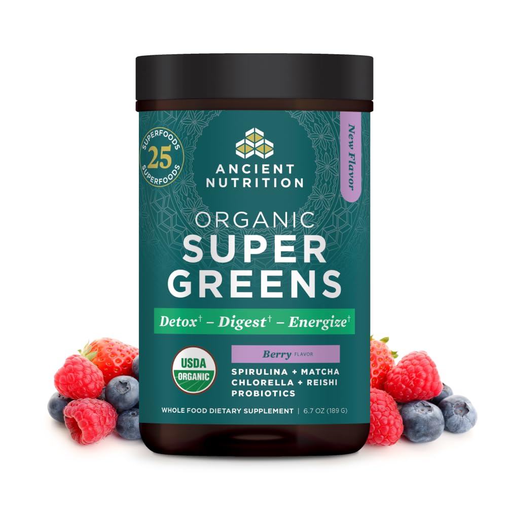 Antike Ernährung SuperGreens Pulver mit Probiotika, Bio Berry Flavor Greens, Herbs und Gemüse, Verdauungs- und Energieunterstützung, 25 Portionen, 6.7oz
