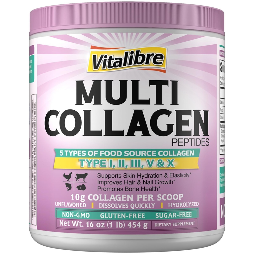 Multi Collagen Peptide Pulver Typ I II III V X, hydrolysiertes Kollagenprotein für Frauen und Männer, Haut, Haar, Nägel, Unflavored, Non-GMO, Keto & GF, Zero Sugar, 45 Servierungen, 16oz