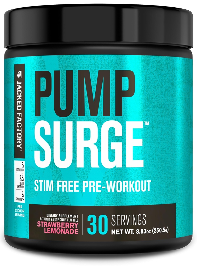 Jacked Factory Pumpsurge Caffeine Free Pre Workout für Männer und Frauen - Nootropic Booster & Stim Free Pre Workout - Intensive Pumpen, Enhanced Focus - 30 Servierungen, Erdbeeren-Lemonade