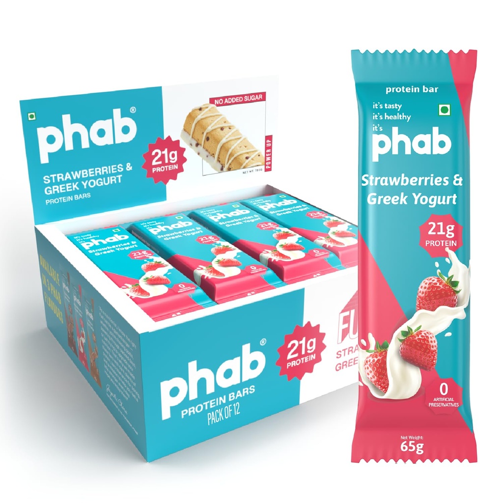 Phab Starwberries & Greek Yogurt Protein Bars with 21g Protein & No Added Sugar | High Fibre, Gluten-Free, Trans Fat-Free & No Preservatives | Healthy & Delicious With Goodness Of Dates (Pack of 12)