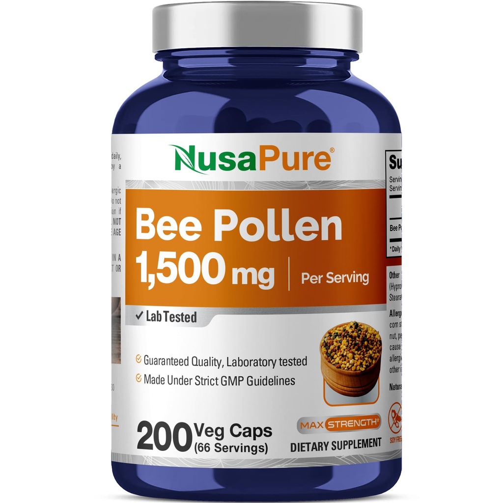 NusaPure Bee Pollen 1500mg 200 Veggie Caps (100% Vegetarian, Non-GMO, Vegan) Naturally Occurring Proteins, Aminoacids