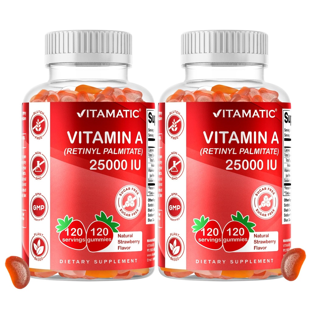 Vitamatic Sugar Free Vitamin A 25000 IU Gummies (Retinyl Palmitate) - Natürliche Erdbeer-Flasche - 120 Pectin Based Gummies (2 Flaschen)