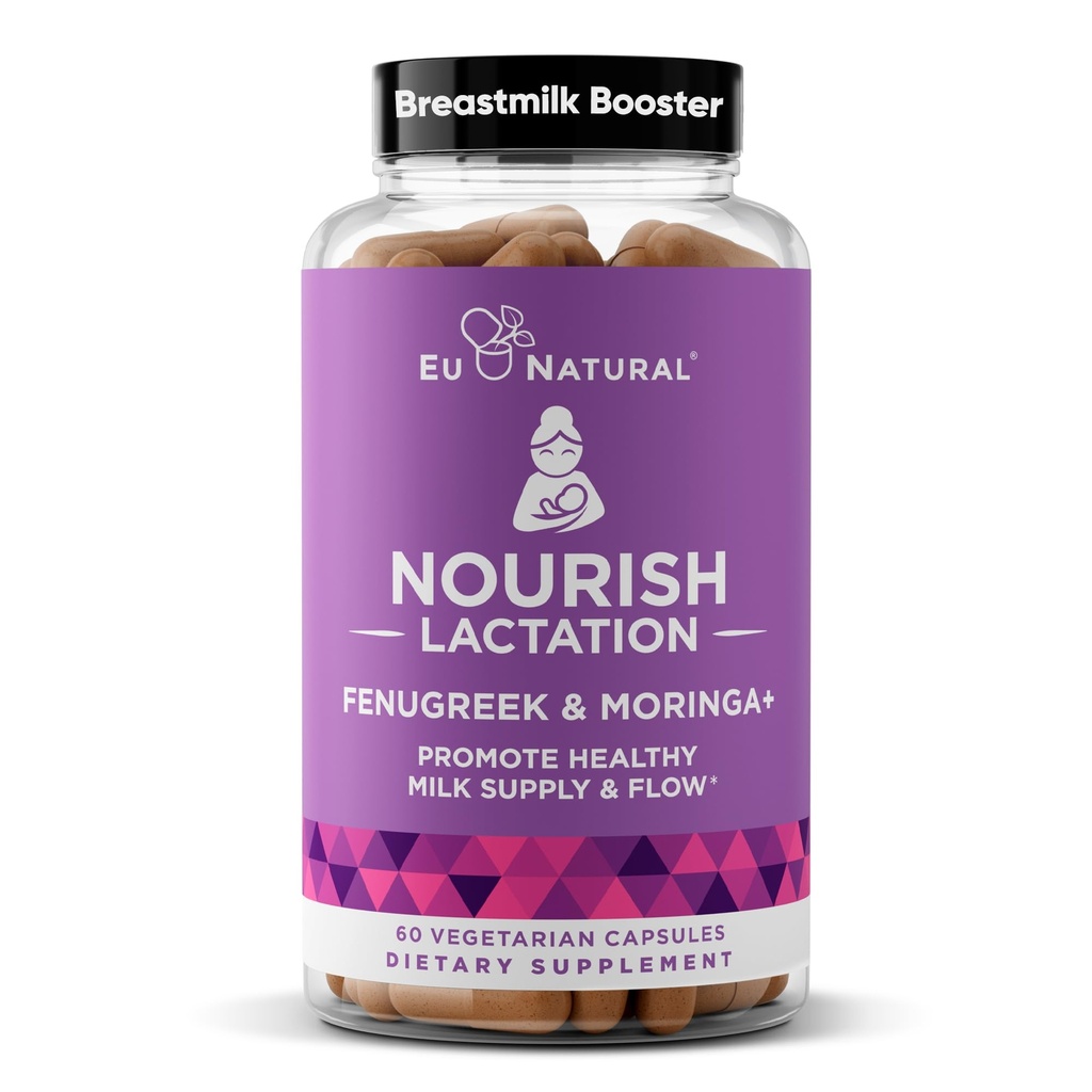 Nourish Lactation Supplement - Postpartum Unterstützung für gesunde Milch Flow & Produktion - Fenugreek Kapseln für Frauen mit Milchdistel, Fennel Seed & Organic Moringa, 60 Vegan Soft Capsules