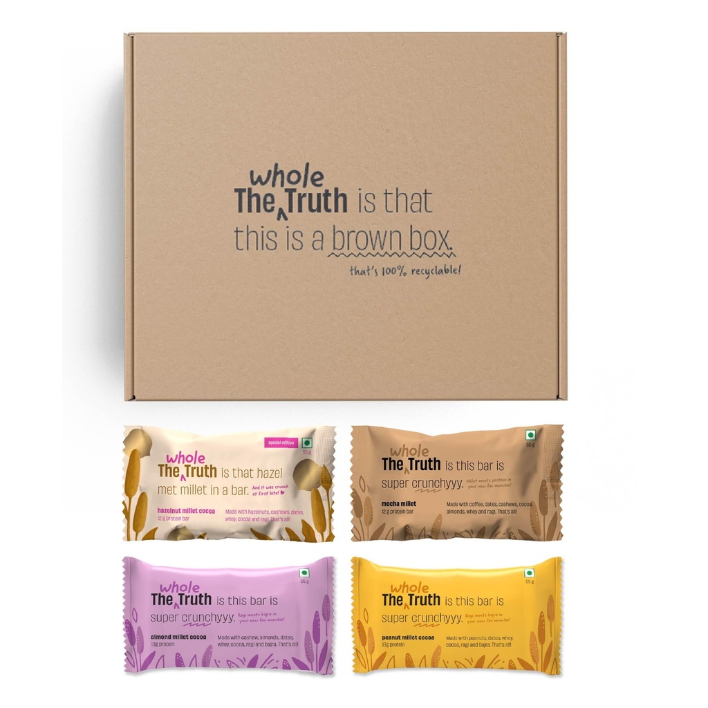 The Whole Truth - Super Crunchy Millet Protein Bars 13G | All In One Pack of 5 (2 Almond Millet, 1 Hazelnut Millet, 1 Mocha Millet, 1 Peanut Millet) | Cleanest Snack Ever | No Refined Sugar