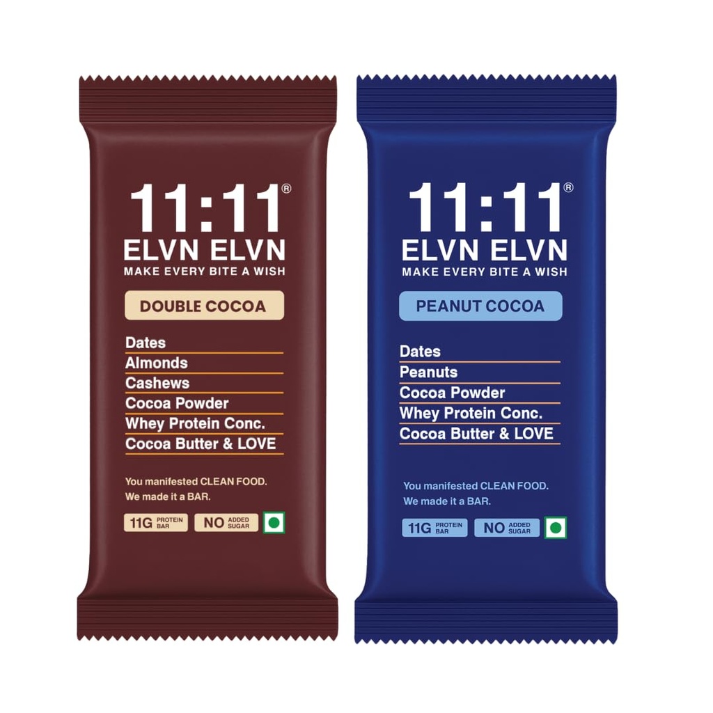 11:11 ELVN ELVN Double Cocoa & Peanut Cocoa Protein Bar Combo (Pack of 4) | 11g Protein Per Bar | Sweetened with Dates | No Refined Sugar | High Protein Snack | 100% Natural