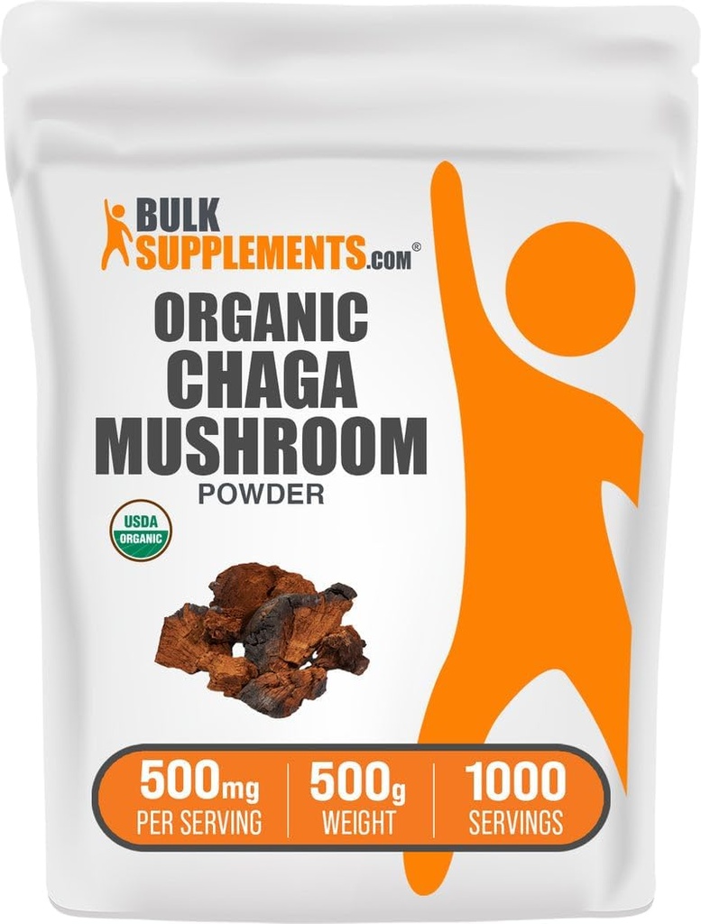 BulkSupplements.com Organic Chaga Mushrooms Powder - Chaga Mushroom Supplement, Superfood Supplement - Vegan & Gluten Free, 500mg pro Servierung, 500g (1.1 lbs) (Pack von 1)