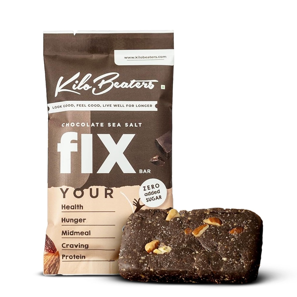 Kilobeaters Chocolate Sea Salt Fix Bar, Sugar Free Protein Bar, No Added Sugar, No Preservatives, No Artificial Flavors, Date Sweetened Energy Bars, (Pack Of 3) X 60 G Each