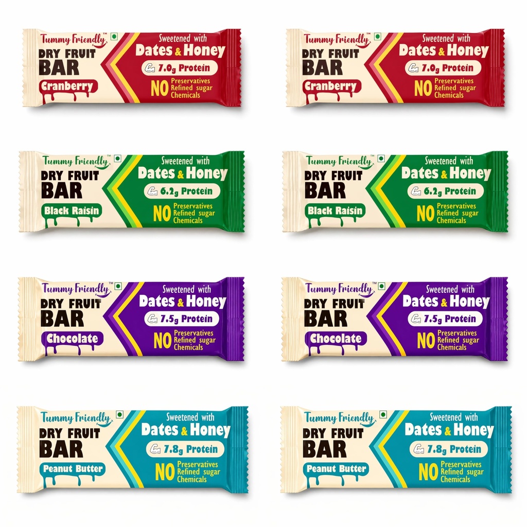 TummyFriendly Foods Dry Fruit Bar with Dates, Nuts & Seeds | Healthy Chocolate for Kids | Energy Bar for Kids & Adults | No Refined Sugar, No Preservatives, No Palm Oil | Healthy Snack for School & Travel | 35g x 8 Bars (Assorted)