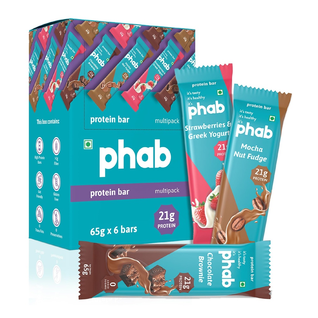 Phab Variety Pack Protein Bars with 21g Protein & No Added Sugar | High Fibre, Gluten-Free, Trans Fat-Free & No Preservatives | Healthy & Delicious With Goodness Of Dates (Pack of 6)