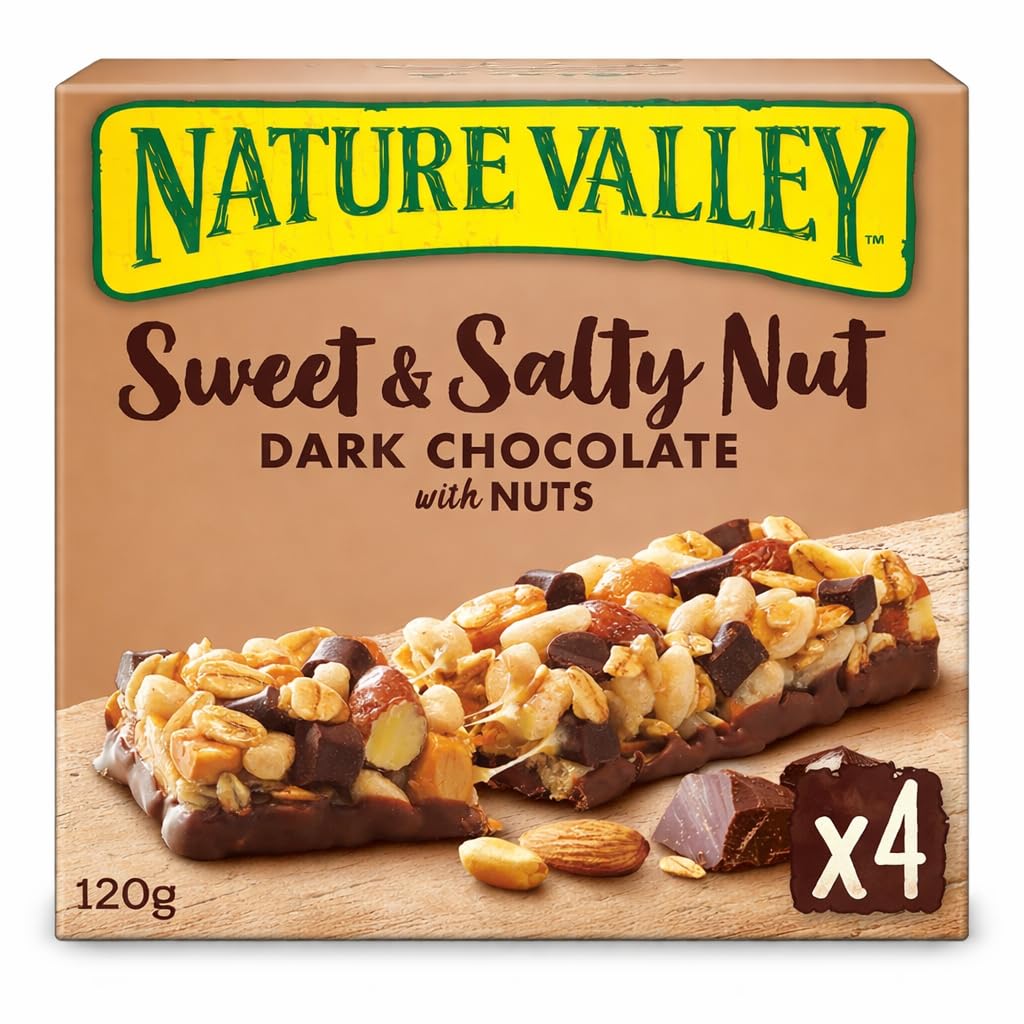 Nature Valleys Sweet & Salty Nut Dark Chocolate Granola Bars Crunchy Nut with Dark Chocolate and Roasted Nuts Energy Snack Pack 4 Bars 120g (Imported)