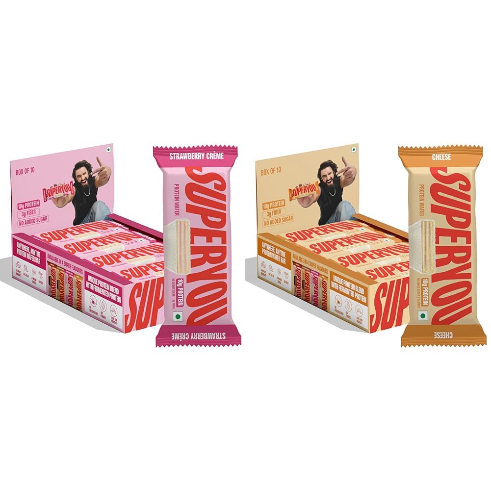Superyou Strawberry & Cheese Protein Wafer Bars Combo. 10g Protein, 3g Fiber, No Added Sugar, Vegetarian, No Palm Oil. 400g each.