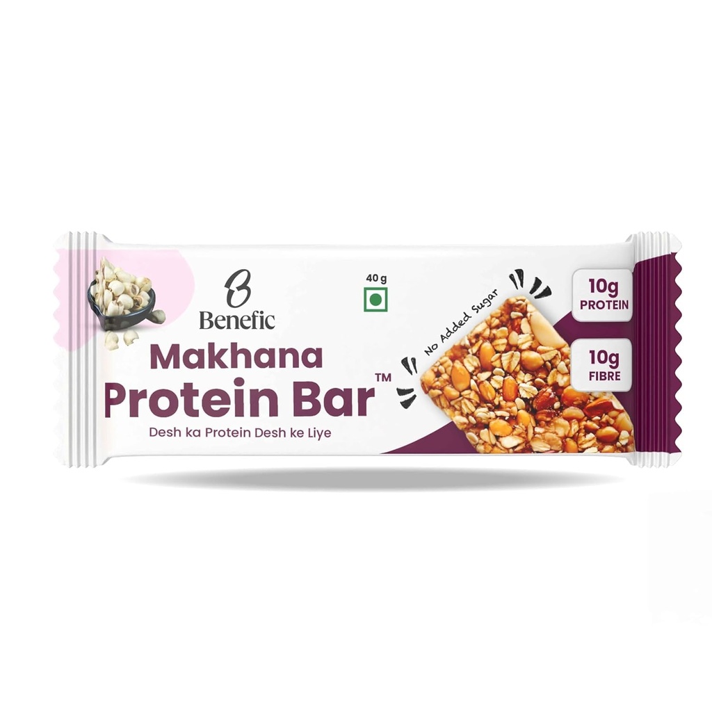 Benefic Makhana Protein Bar 40g Each, Pack of 4, 160g | 10g Protein & 10g Fibre| Roasted Makhana Bar | No Refined Sugar, Gluten Free, Vegan | High Plant Protein Snack for Gym, Office & Travel