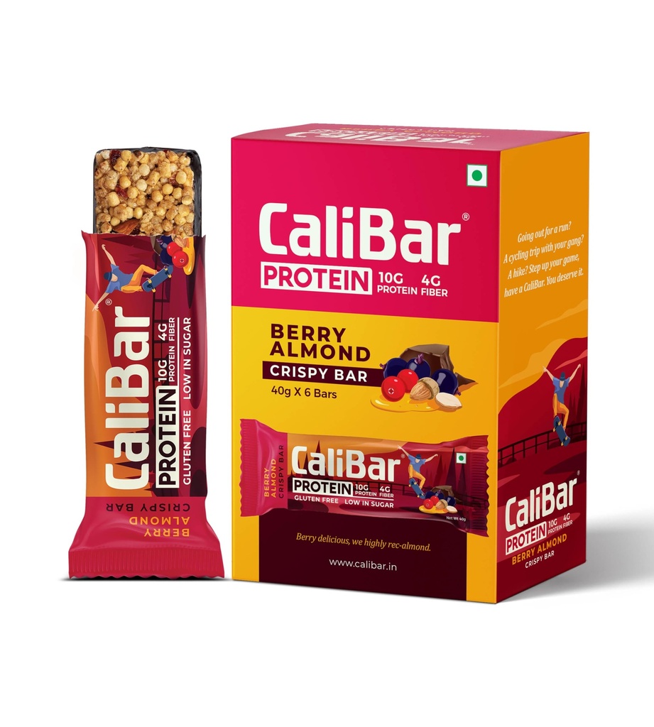 CaliBar 10g Protein Bar - Berry Almond Crispy Bar (Pack of 6) Real Bits of Cranberry & Blackcurrant, Low In Sugar, Sweetened With Honey, Gluten-Free, 4g Fiber, No Preservatives , No Palm oil (40g x 6 Bars)