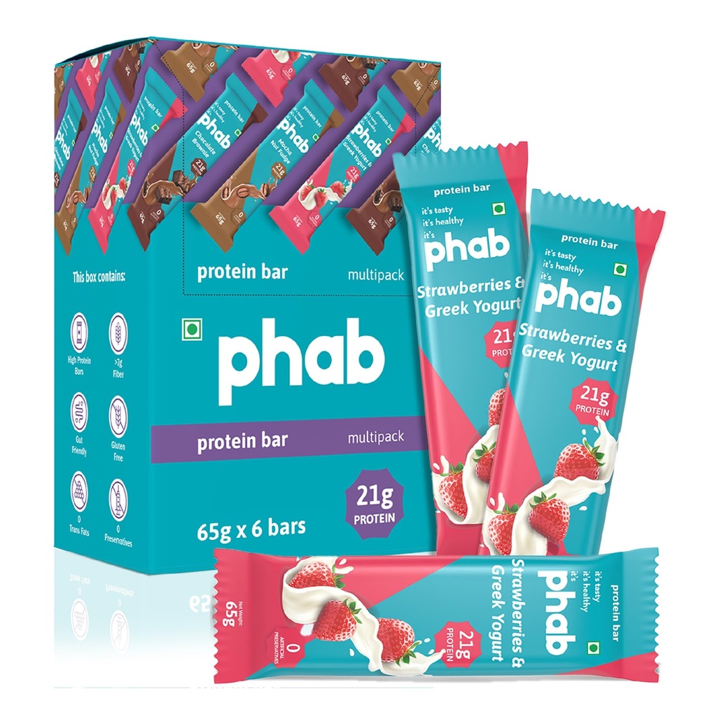 Phab Starwberries & Greek Yogurt Protein Bars with 21g Protein, No Added Sugar | High Fibre, No Trans Fat & No Preservatives (Pack of 6)