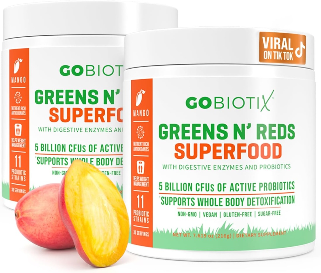 GOBIOTIX Super Greens and Reds Powder - Rote und grüne Superfood - Probiotische Beilage - Verdauungsenzyme und Rübenwurzelpulver - Bio Vollnahrung Nahrungsergänzungsmittel (Mango, 2 Pack)