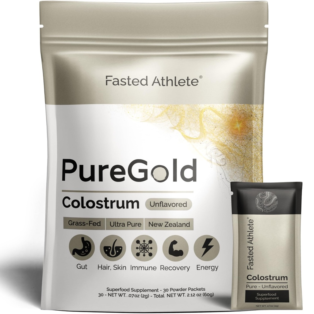 Fasted Athlete - PureGold Colostrum – Grass-Fed Colostrum Powder unterstützt Gesundheit, Haut, Erholung & Immunität – Unflavored, 30 Single-Serve Packets