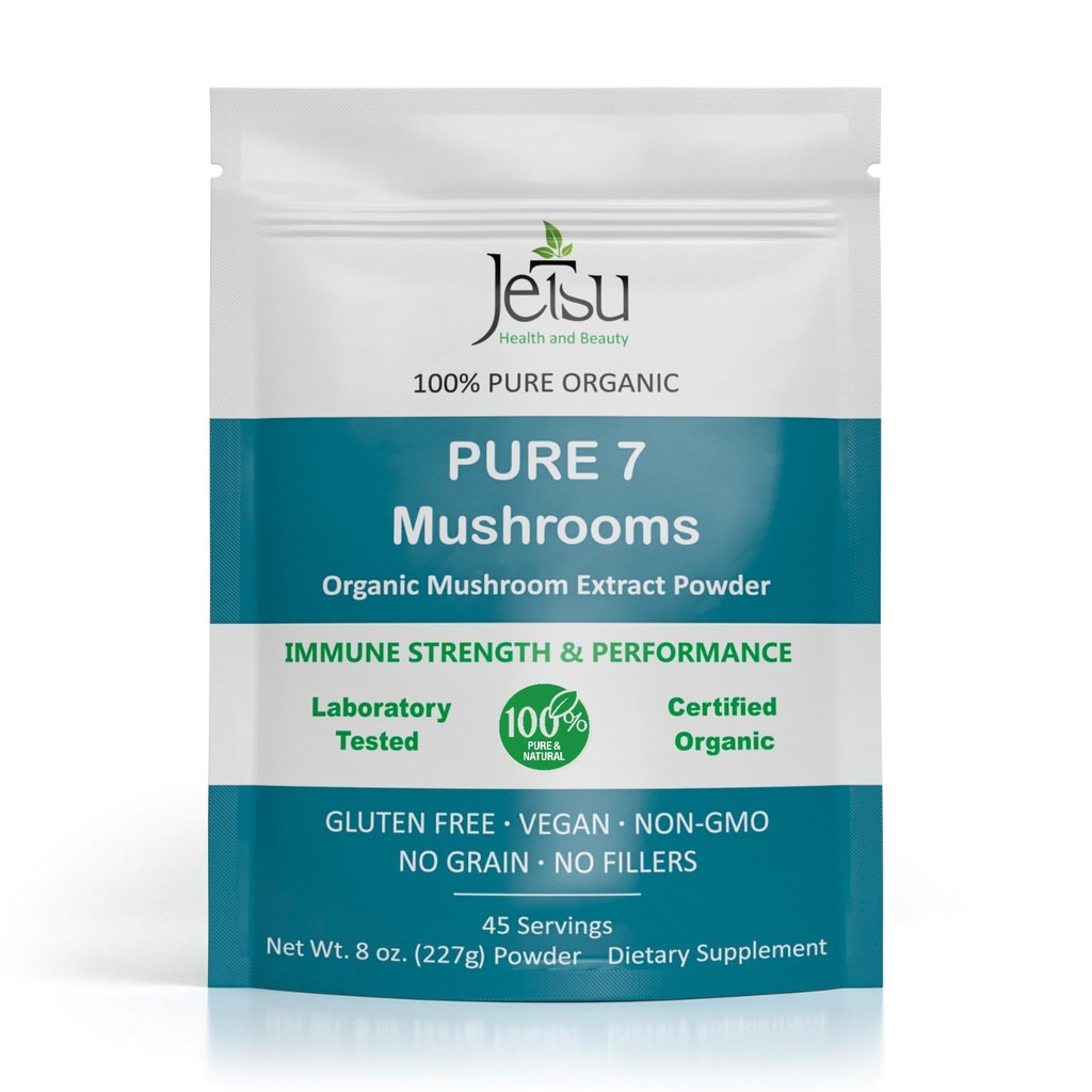 Jetsu Pure 7 Organic Mushroom Extract Powder, Chaga, Cordyceps, Lion's Mane, Maitake, Reishi, Shiitake & Turkey Tail Mushrooms Supplement, für Immununterstützung, Fokus, Energie