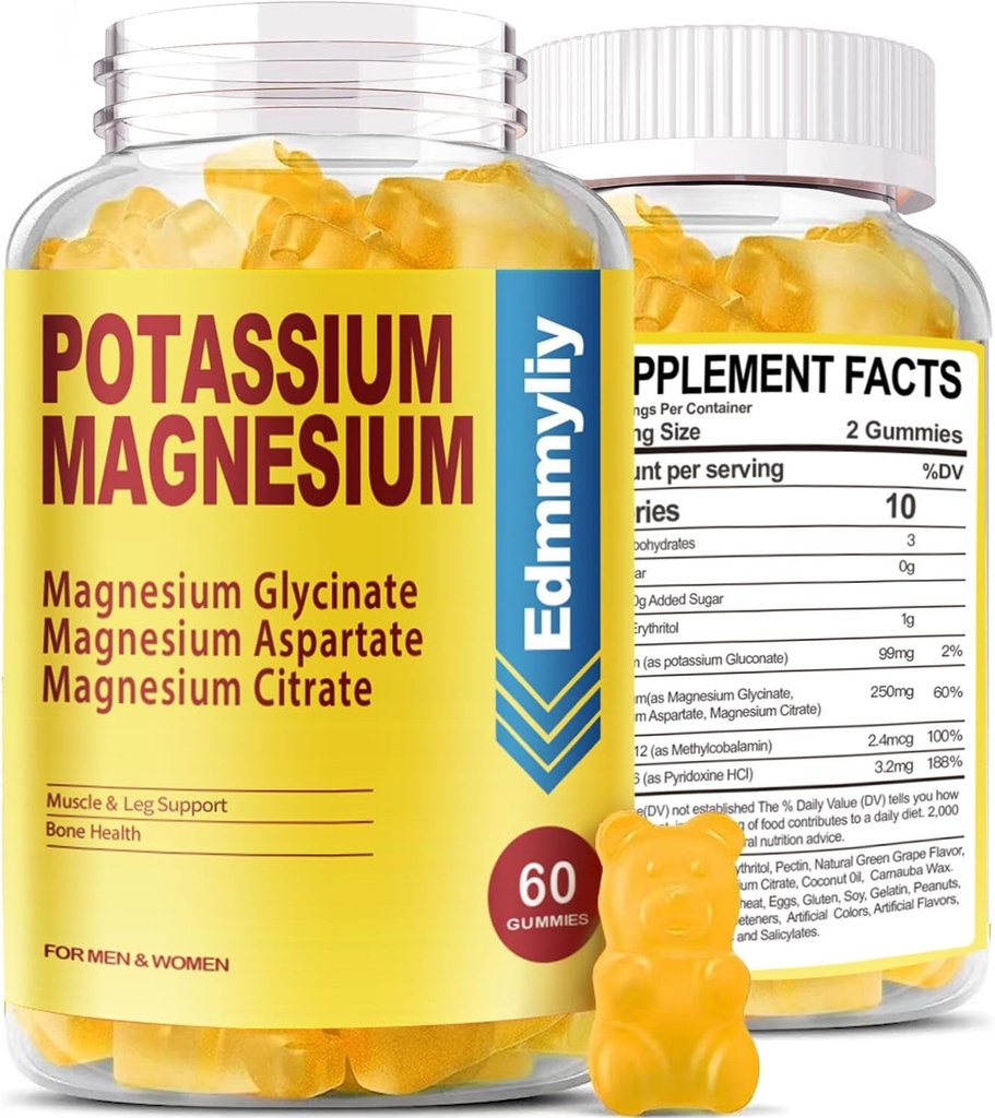 Kalium-Magnesium-Ergänzungsgummis für Erwachsene Hohe Absorption Kalium Gluconate 99mg Magnesium Citrat 250mg mit Vitamin B6 B12 Unterstützt Stimmung, Energie, Muskelentspannung, Knochengesundheit, Zuckerfrei