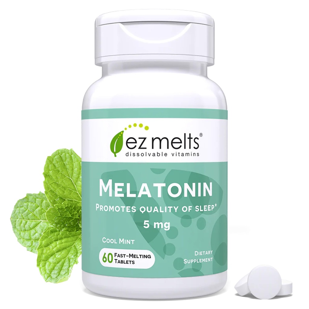 EZ Melts Melatonin - Sleep Support Supplement - Keine künstlichen Aromen - Nicht-GVO & Zuckerfrei - Cool Mint - 60 lösliche Tabletten (60 Portionen)