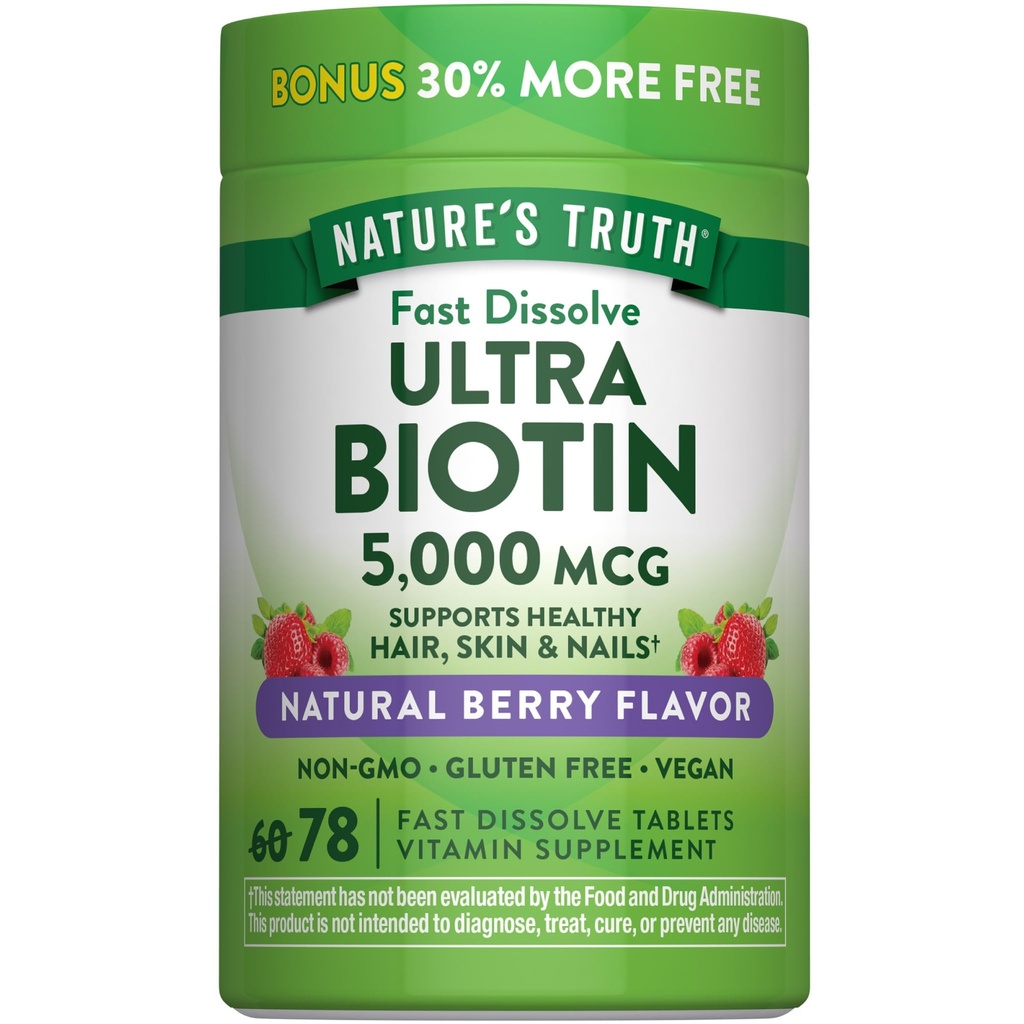 Nature's Truth Biotin 5000mcg | 78 Fast Dissolve Tablets | Natürliche Berry Flavor | Vegan, Non-GMO, Glutenfrei
