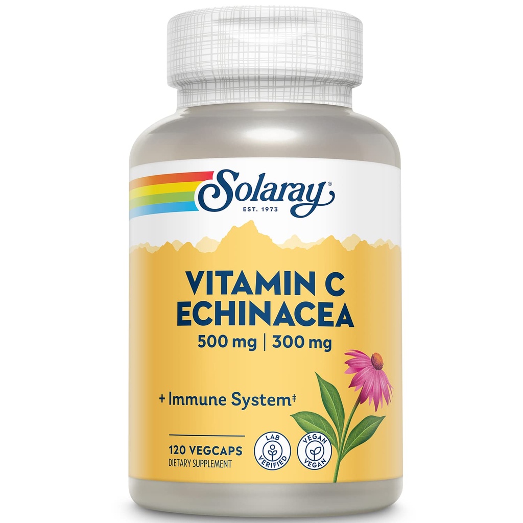 SOLARAY Vitamin C & Echinacea Wurzel | Gesunde Immunsystem Unterstützung w/ 500 mg VIT C & 300 mg Echinacea pro Kapsel | Non-GMO & Vegan | 120 VegKaps
