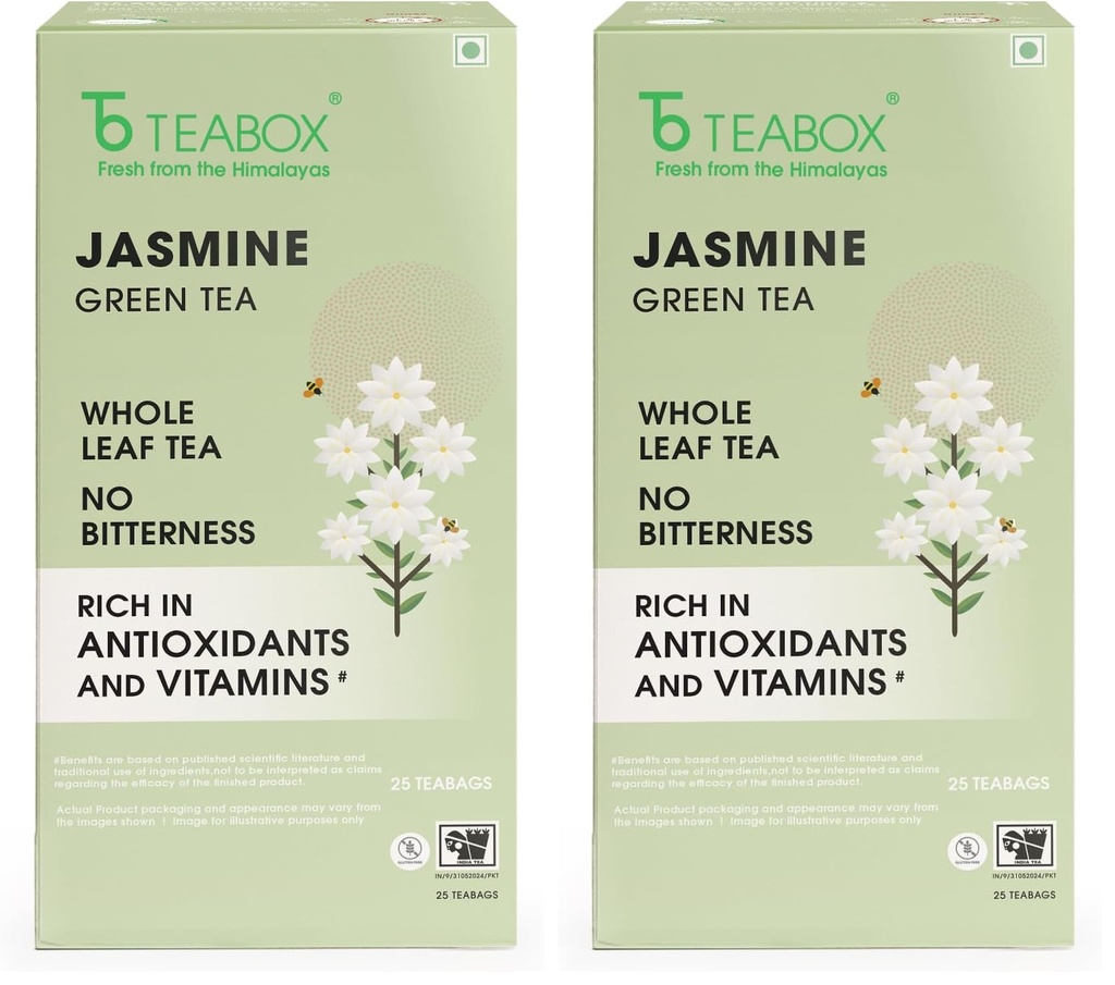 Teabox Jasmine Green Tea | 25 Pyramid Whole Leaf Teabags | Natural Jasmine Aroma | Premium Blend Sourced from Madurai (Pack of 2)