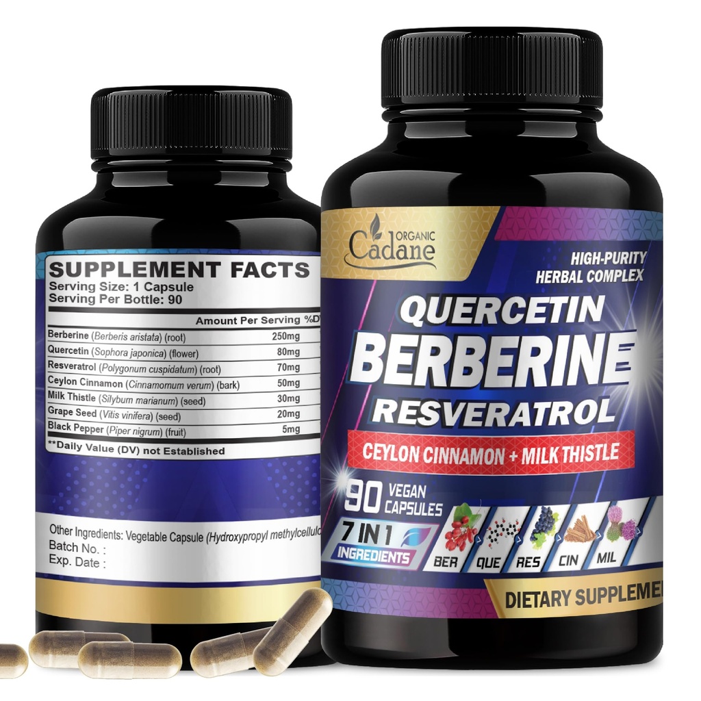 Bio Cadane 7in1 Pure Berberine Supplement mit Quercetin, Ceylon Cinnamon, Resveratrol, Milk Thistle, Grape Seed und Black Pepper - 90 Kapseln für 3-Monats-Versorgung - Immunität Gesundheitsunterstützung