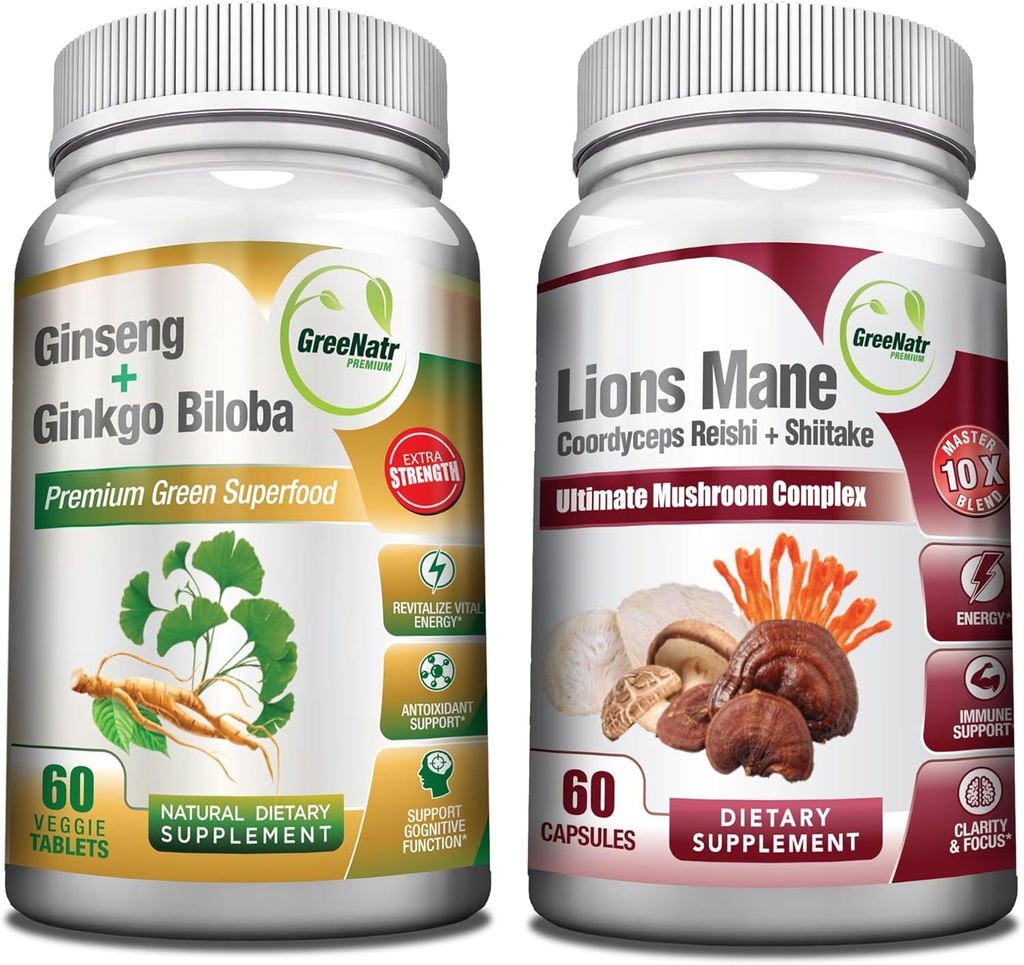 GreeNatr Mushroom Supplement, 10-in-1 Blend mit Lions Mane, Cordyceps, Shiitake, Chaga,Turkey Tail, kombiniert mit unserem Energie- und Gehirnfokus Natural Booster von Ginseng Root und Ginkgo Biloba