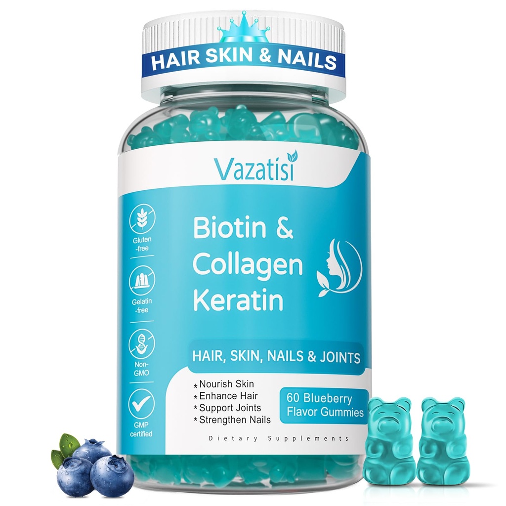 Biotin Gummis mit Collagen & Keratin für Haar Hautnägel- Unterstützt Haarwachstum und stärkere Nägel, Frauen, Kinder - 60 Blueberry Flavored Gummis