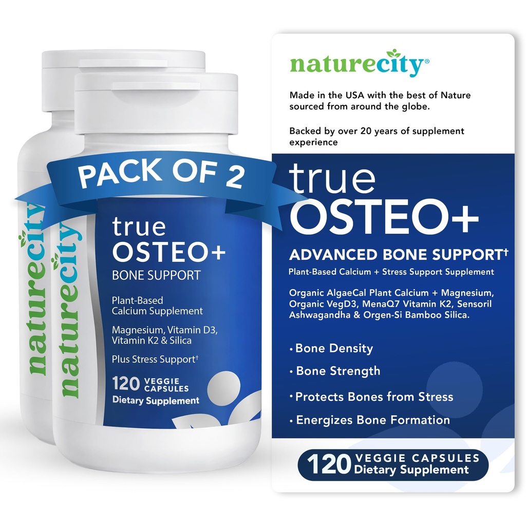 NatureCity True-Osteo+ Knochen-Unterstützung mit Ashwagandha – für Stärke & Dichte – pflanzenbasiertes Calcium mit Bio-AlgaeCal, Magnesium, Vitamin D3, K2, Silicon & Stress-Unterstützung | 240 Veggie Kapseln