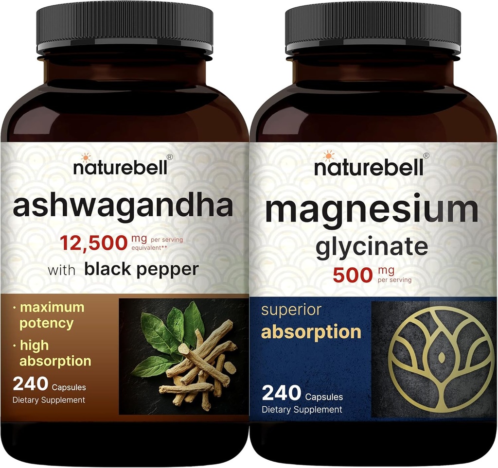NatureBell Magnesium Glycinate Kapseln 500mg & Ashwagandha 12,500 mg Äquivalent mit Black Pepper Bundle Pack | Chelat & Purified Mineral | Adaptogene Ergänzungen zur Entspannung