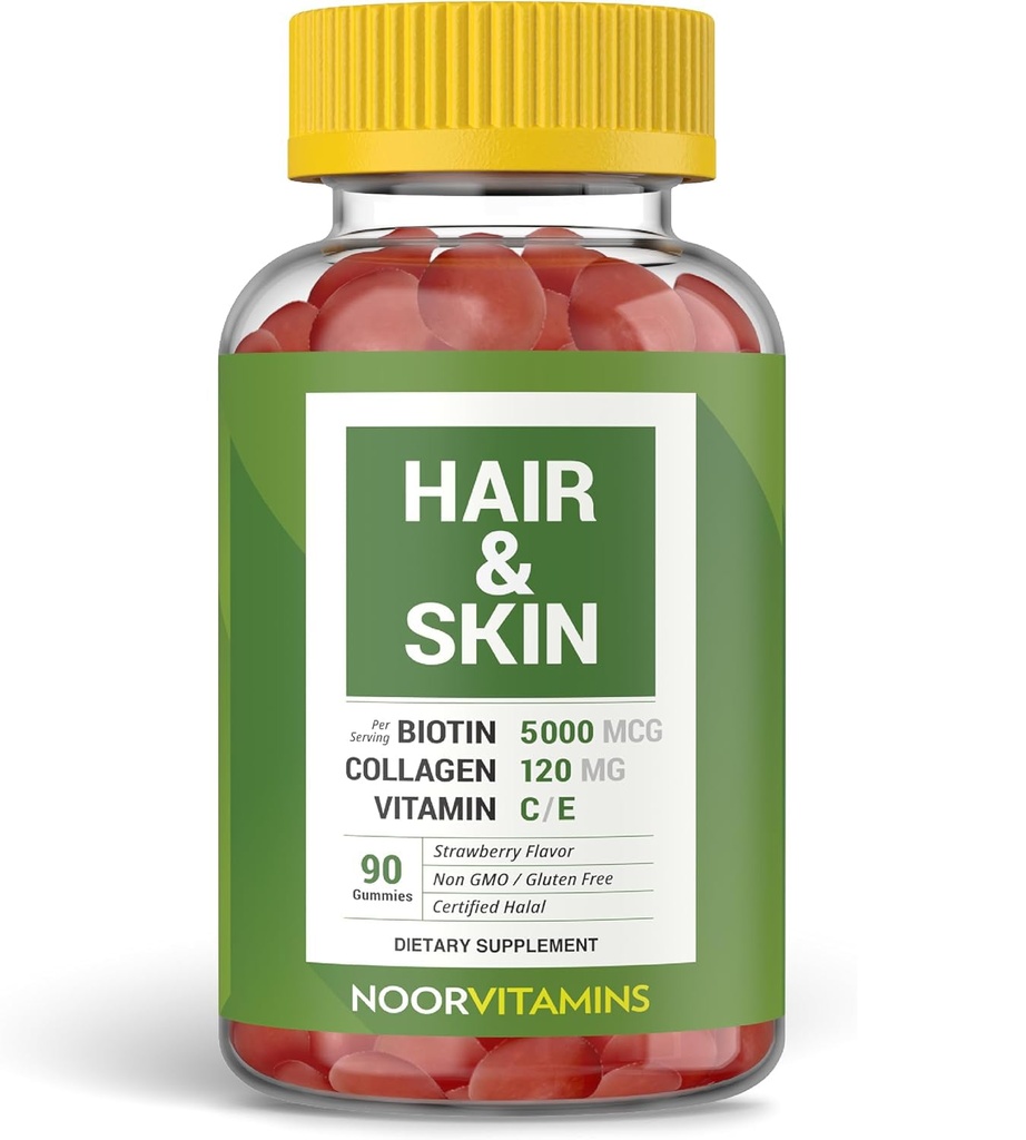 Noor Vitamine Halal Hair Vitamine Biotin, Collagen, Silica, Vitamin C & E unterstützt Haar, Haut und Nagel Gesundheit; Natürliche Erdbeere Gummy Vitamine. GMO, Glutenfrei & ein zertifiziertes Halal Vitamin (90 Count)