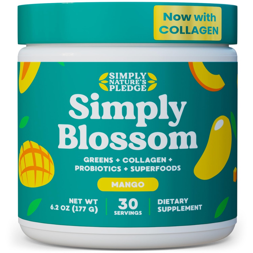 Einfach Blossom Nutrition Daily Greens & Superfood Powder + Collagen + Probiotics for Women's Digestive Health & Bloating Relief. Helfen Sie Ihrer Gesundheit Bloom - 30 Tage Versorgung - Mango