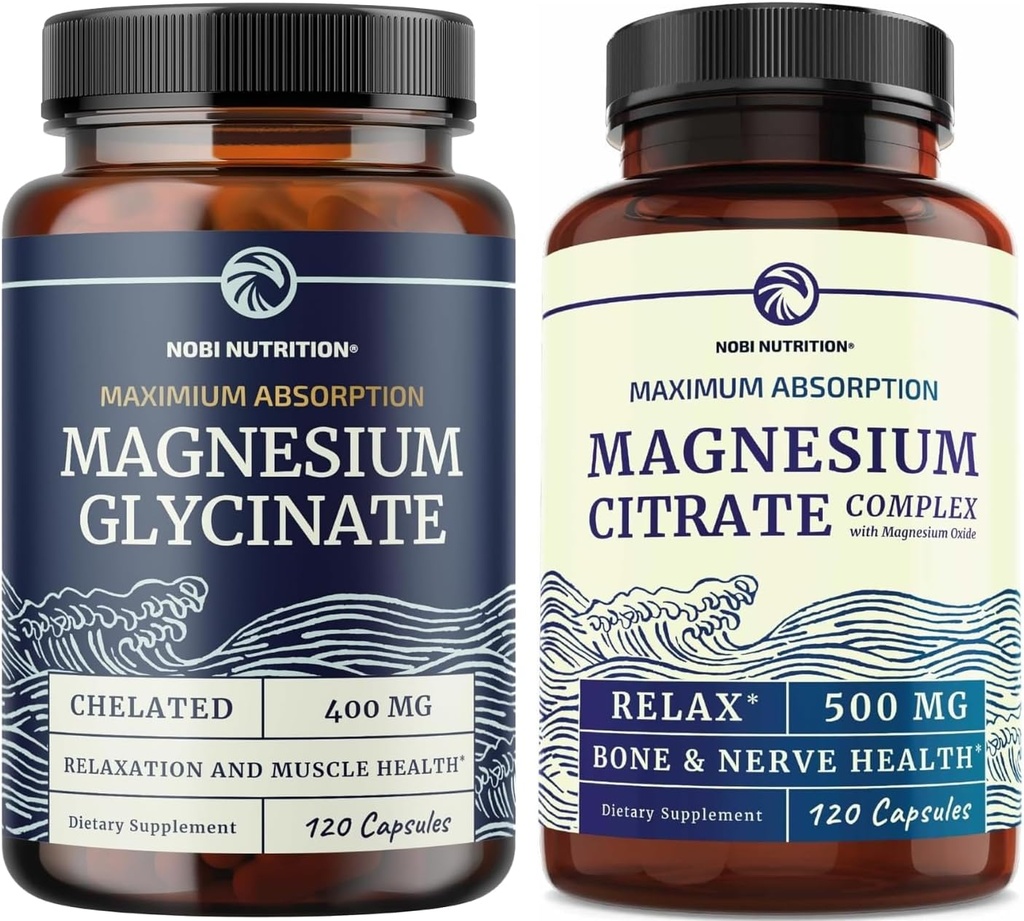 Magnesium Glycinat 400mg (120ct) & Magnesium Citrat 500 MG (120ct) | Hohe Absorption, ruhig, Entspannung, Verdauung & Muskelunterstützung | Non-GMO Magnesium Complex Bundle