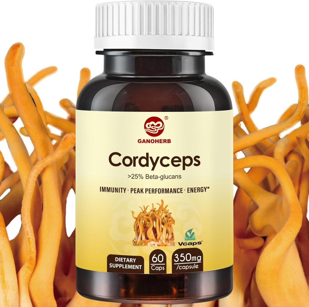 Cordyceps Kapseln, Pilzextrakt Ergänzung Pulver mit 31% Beta Glucan für Leistung, Energie und Immunsystem Unterstützung, 700mg, 60 Count, Organic und Vegan