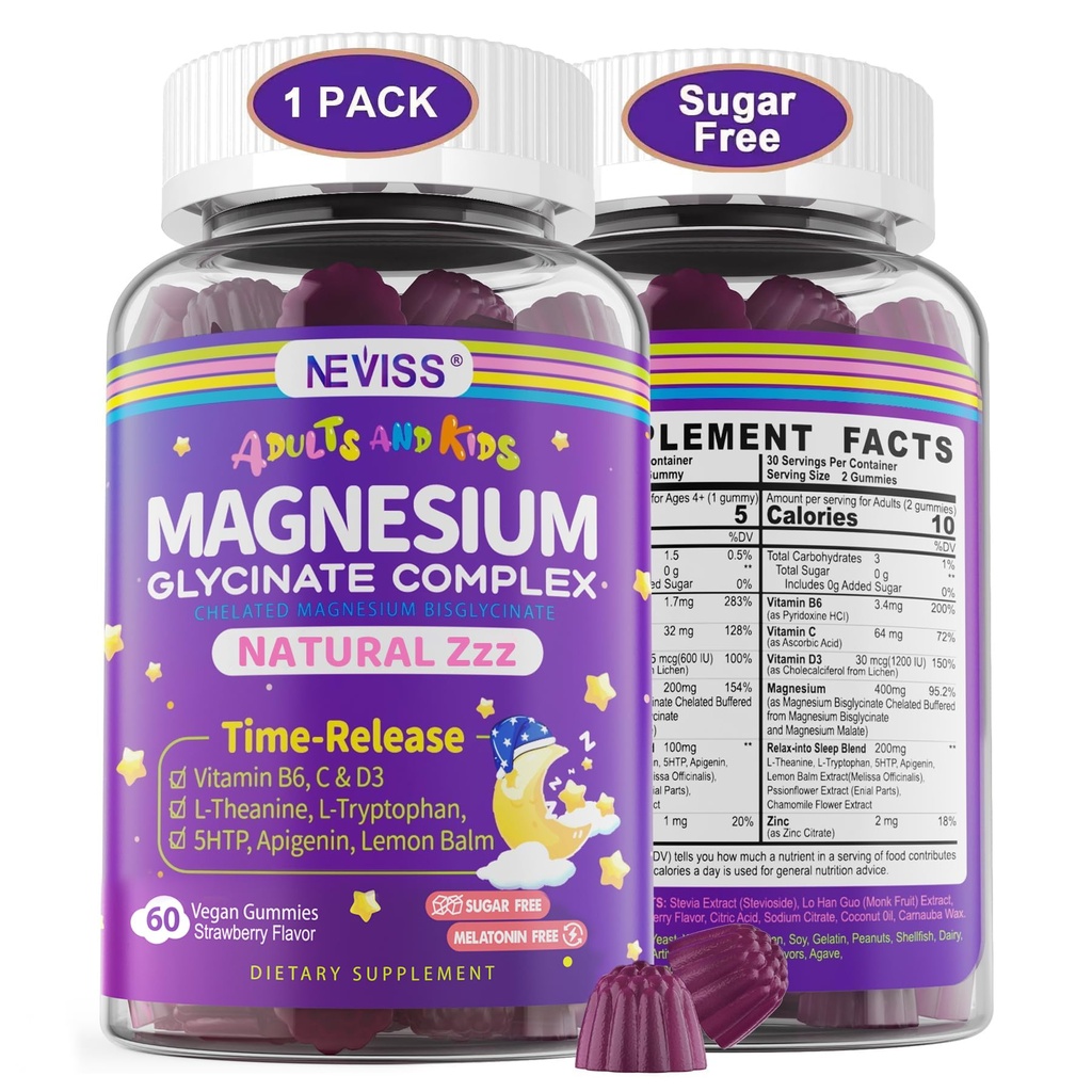 Magnesium Glycinate-Gummien für Erwachsene & Kinder 4+, Sugar Free Magnesium Bisglycinat Supplement 400/200mg mit B6D3, 5HTP, L-Theanin für Schlaf & Entspannung, Gehirn, Muskel, Melatonin Free Gummies,1Pack