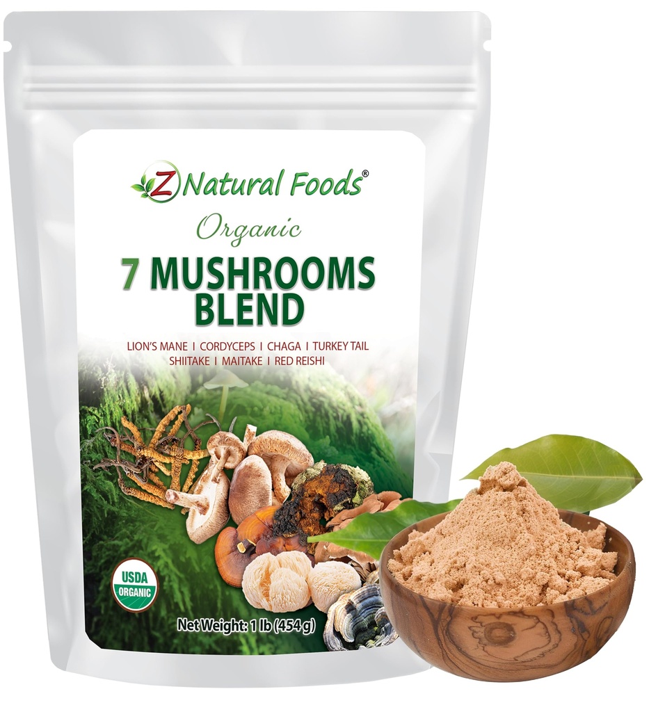 Z Natural Foods Organic 7 Sacred Mushrooms Blend - Pilzpulver für Immungesundheit - Lion’s Mane, Cordyceps, Chaga, Red Reishi, Shiitake, Maitake & Turkey Tail Extract for Coffee, Smoothies, 1 lb